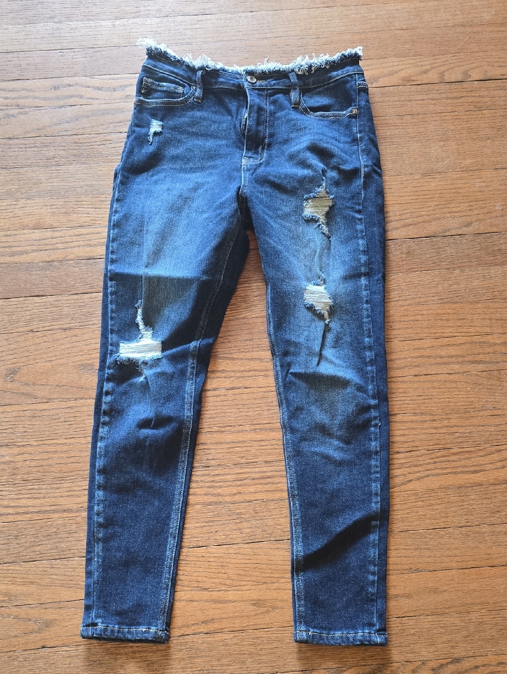 KanCan Dark Blue Distressed Skinny Jeans with Frayed Waist